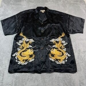 VINTAGE Avanti Silk Shirt Mens XXL Black Dragon Embroidered SS Button Up